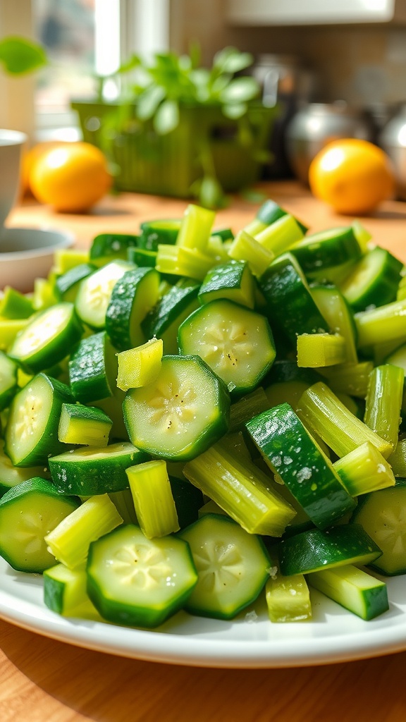 A plate of sliced cucumbers and celery sticks garnished with salt and lemon juice.